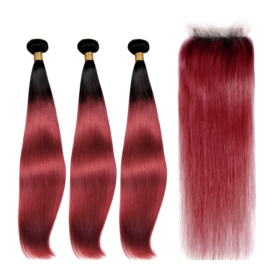 1B/Fall Red Straight Bundles With 4x4 Lace Closure Human Hair